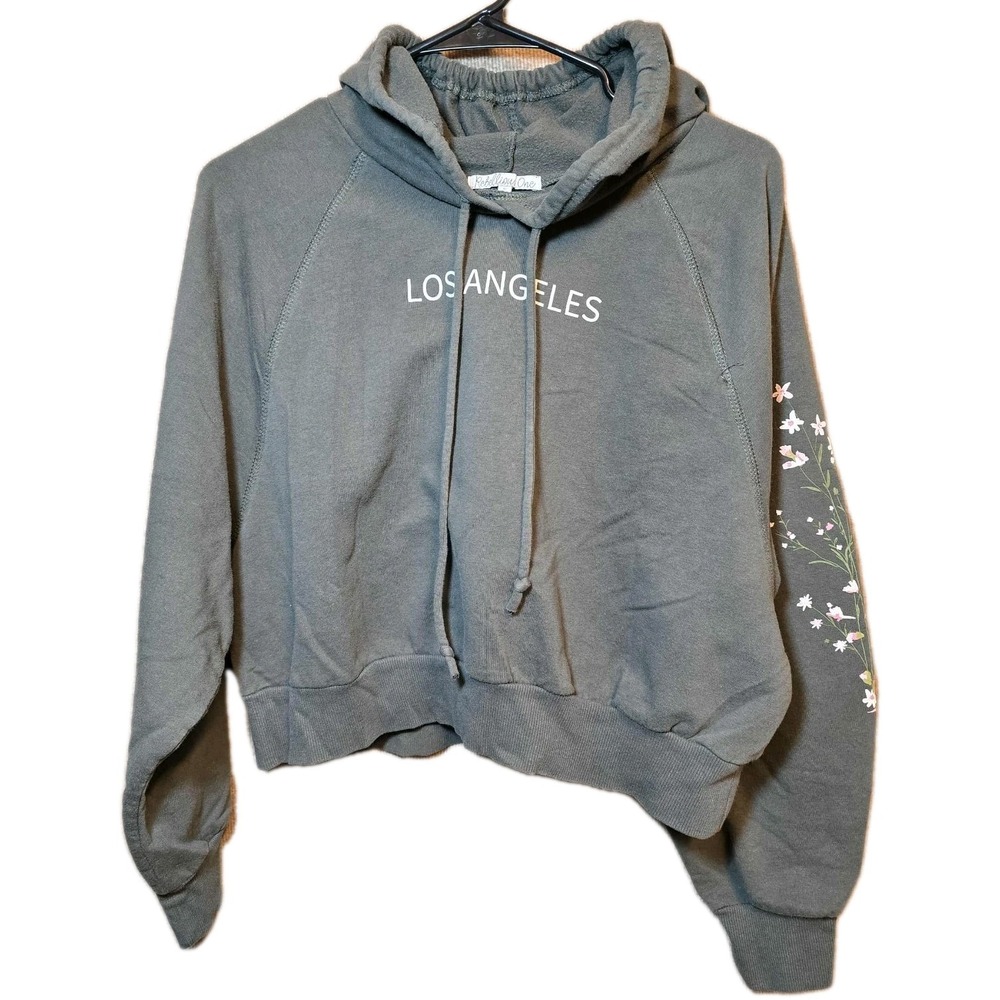 Rebellion One Cropped Hoodie 🌸 Gray Floral Sleeve Sweatshirt Women's XL LA